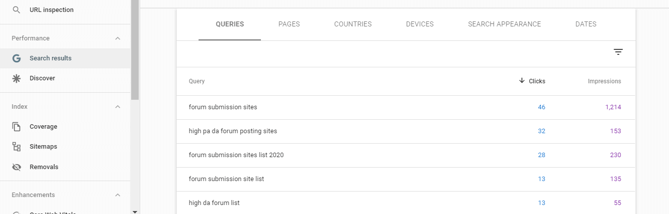 google search console queries section